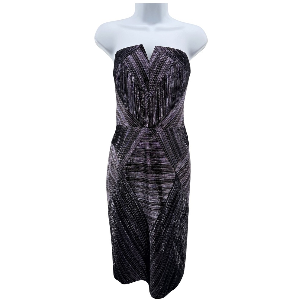 Milly Monica Strapless Metallic Geometric Cocktail Dress Black Silver Purple 6